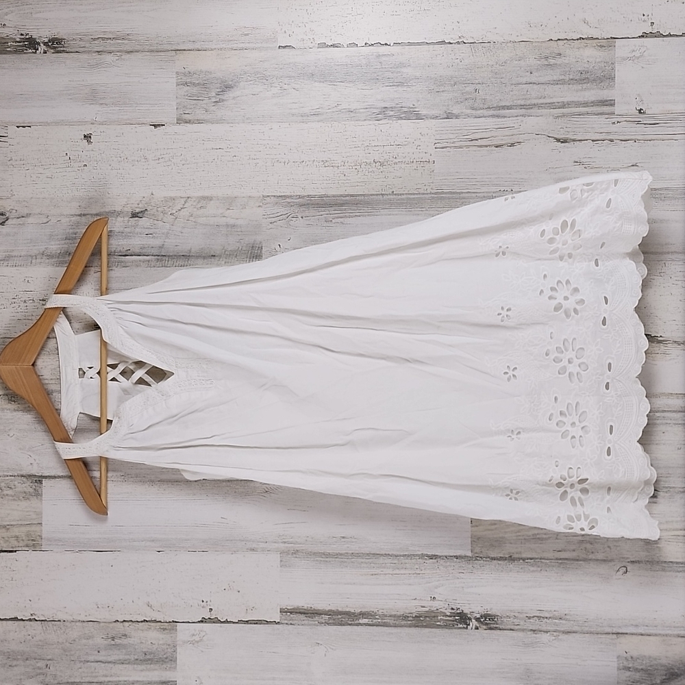 Xhilaration white embroidered halter mini dress criss cross detail Size XS